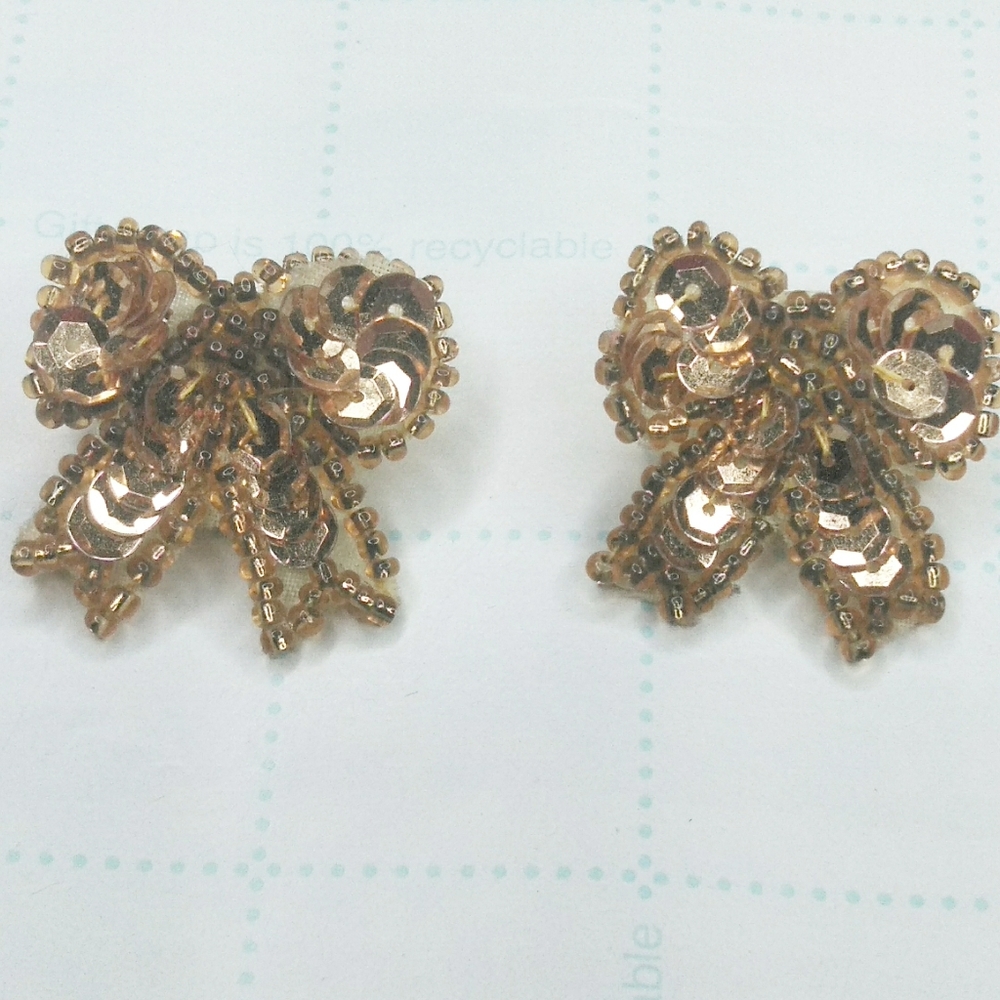 VTG Handmade Gold Bow Sequin Beaded Earrings